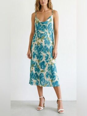 Ann Taylor 100% Silk Floral Slip Dress Blue Green Print Size 8P